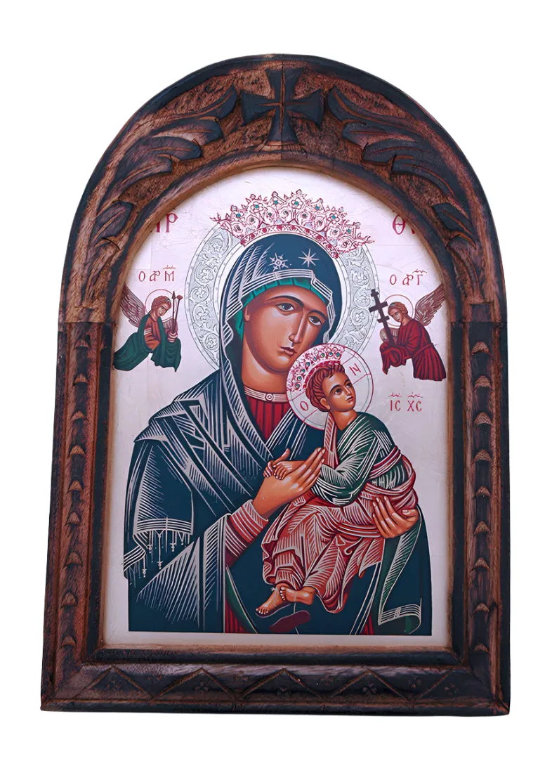 Greek Icon, Hand Painted Serigraph in Carved Wood Frame, Madonna