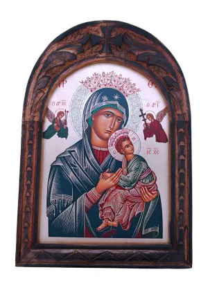 Greek Icon, Hand Painted Serigraph in Carved Wood Frame, Madonna