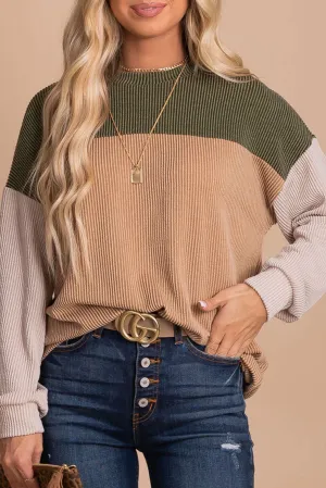Green Color Block Long Sleeve Cording Loose Top