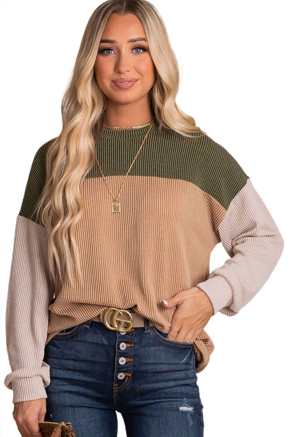 Green Color Block Long Sleeve Cording Loose Top