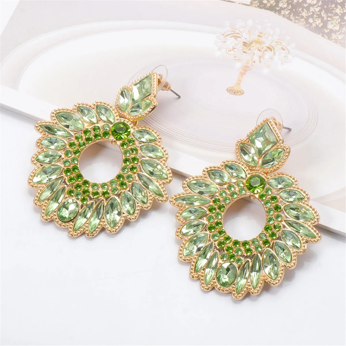 Green Crystal & Cubic Zirconia Geometric Drop Earrings