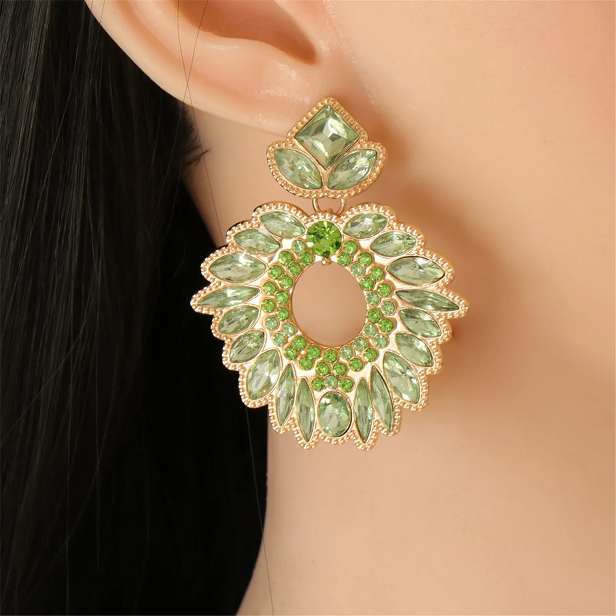 Green Crystal & Cubic Zirconia Geometric Drop Earrings