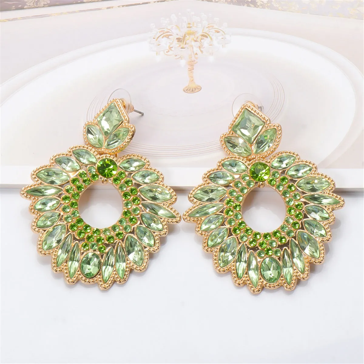 Green Crystal & Cubic Zirconia Geometric Drop Earrings