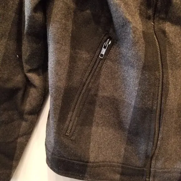 Guess Wool Bkend Check Zipper Jacket Warm Lined Zip Gray Black Pockets Size S