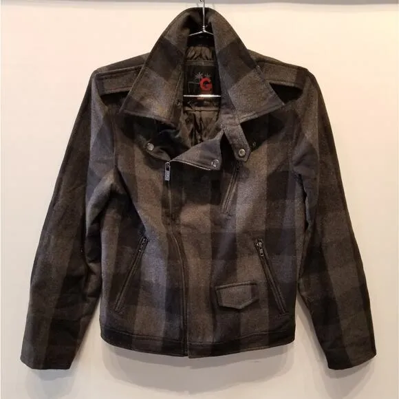 Guess Wool Bkend Check Zipper Jacket Warm Lined Zip Gray Black Pockets Size S