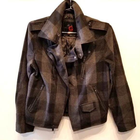 Guess Wool Bkend Check Zipper Jacket Warm Lined Zip Gray Black Pockets Size S