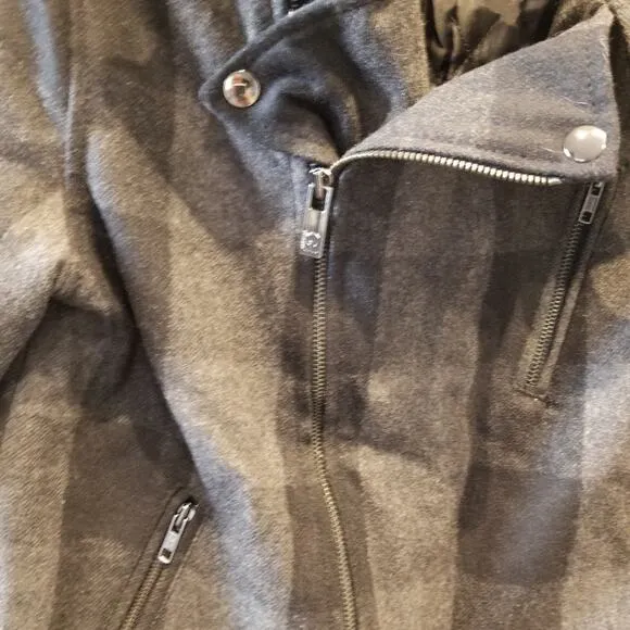 Guess Wool Bkend Check Zipper Jacket Warm Lined Zip Gray Black Pockets Size S