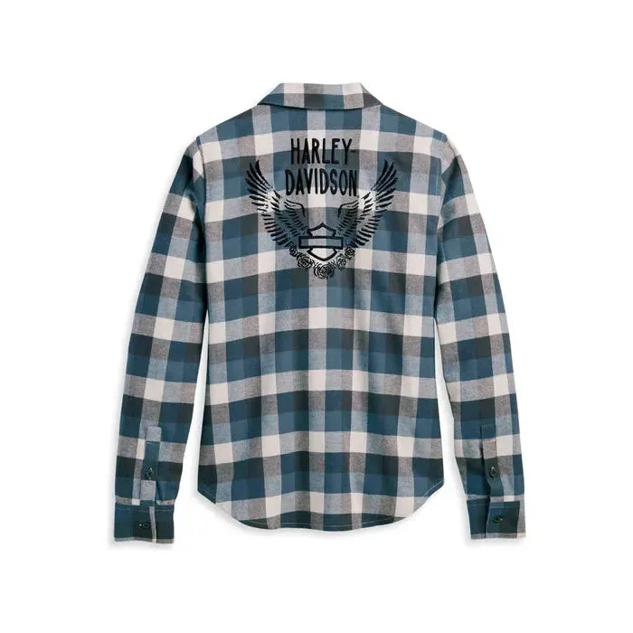 Harley-Davidson® Women's Retro Winged Flannel Shirt - YD Plaid - Dusty Blue