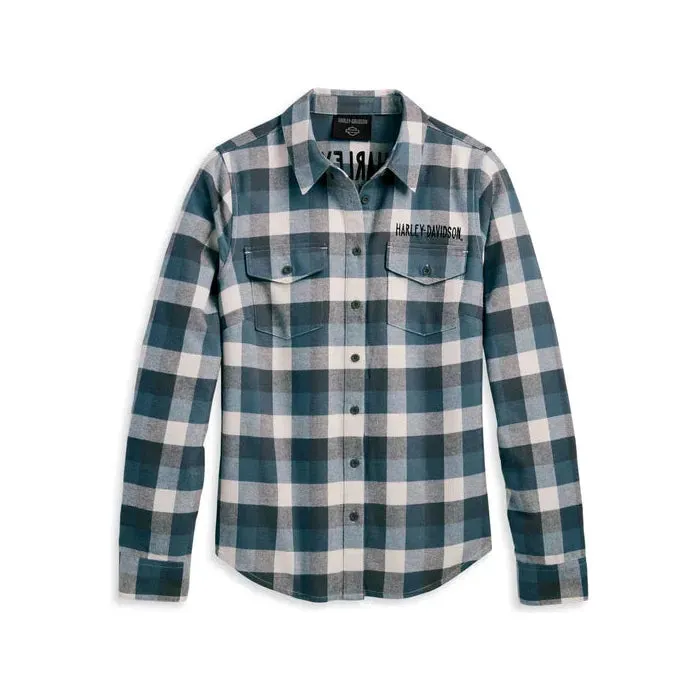 Harley-Davidson® Women's Retro Winged Flannel Shirt - YD Plaid - Dusty Blue