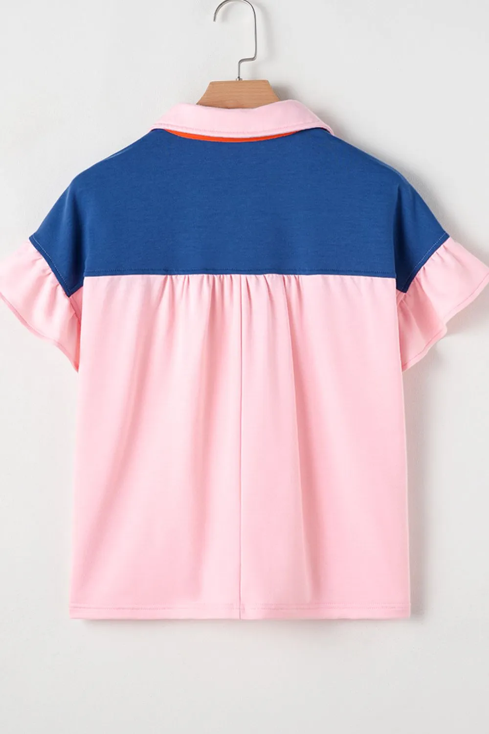 Hazel Blues® |  Color Block Half Buttoned Ruffled Short Sleeve T Shirt