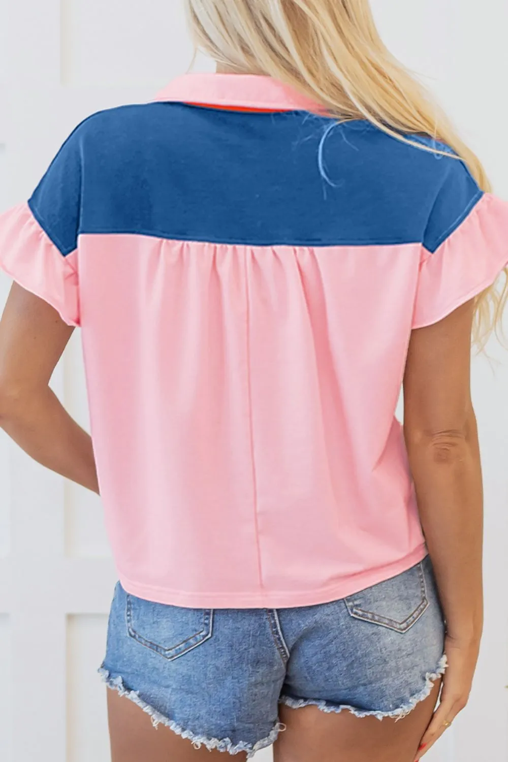 Hazel Blues® |  Color Block Half Buttoned Ruffled Short Sleeve T Shirt