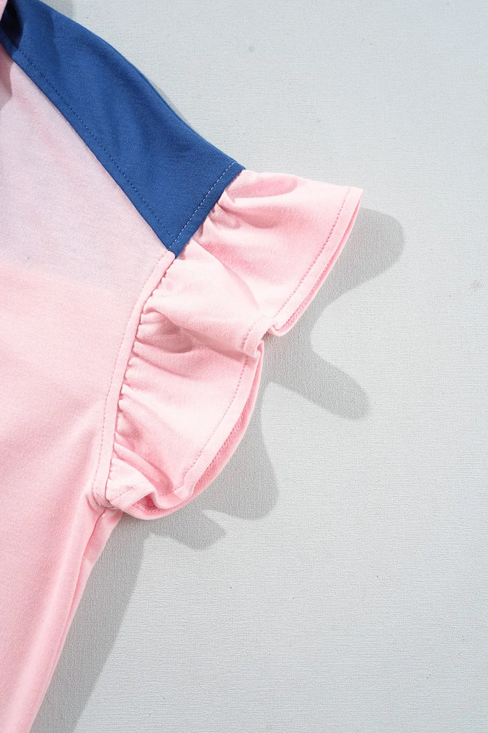 Hazel Blues® |  Color Block Half Buttoned Ruffled Short Sleeve T Shirt
