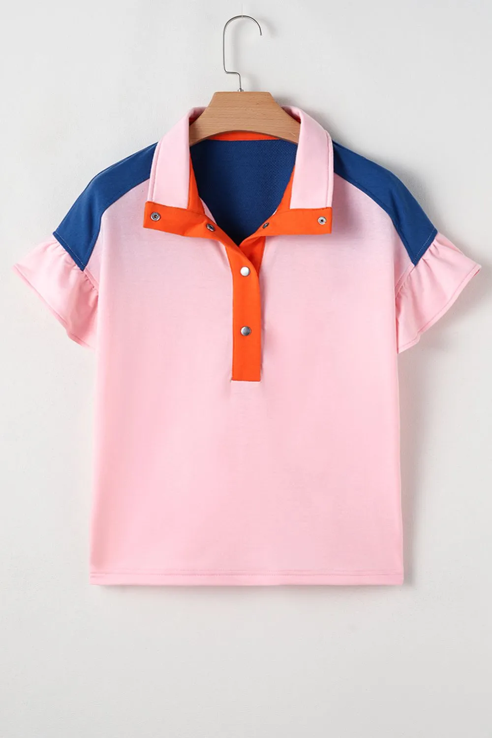 Hazel Blues® |  Color Block Half Buttoned Ruffled Short Sleeve T Shirt