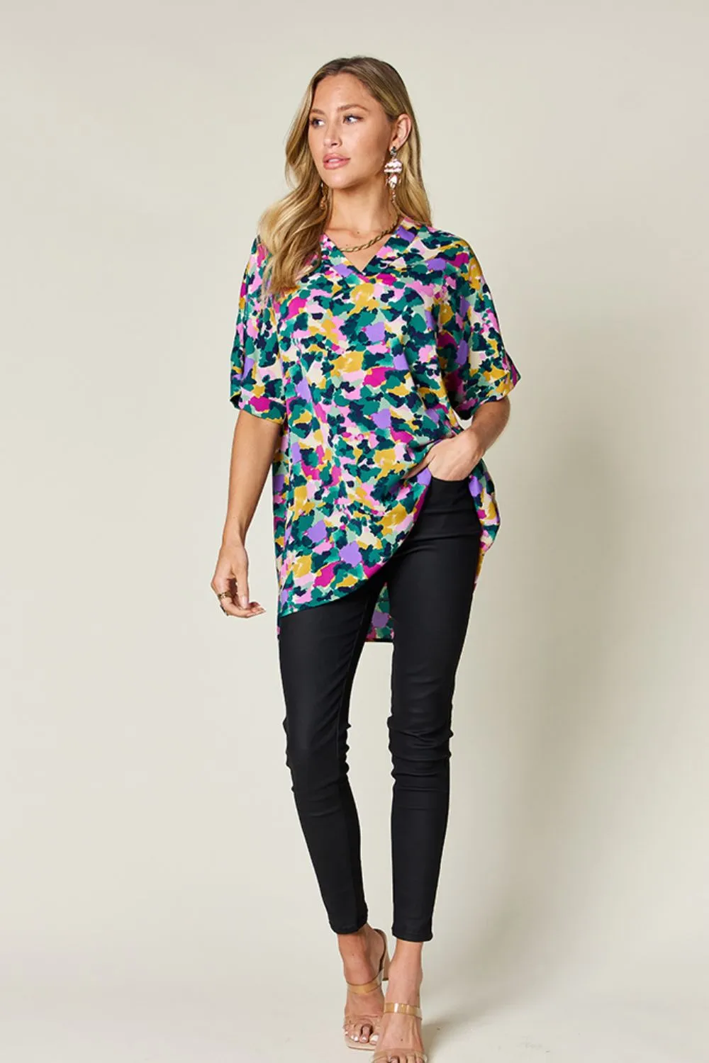 Hazel Blues® |  Double Take Printed V-Neck Short Sleeve Blouse