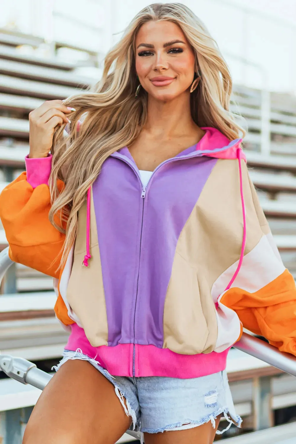 Hazel Blues® |  Drawstring Color Block Zip Up Long Sleeve Hoodie