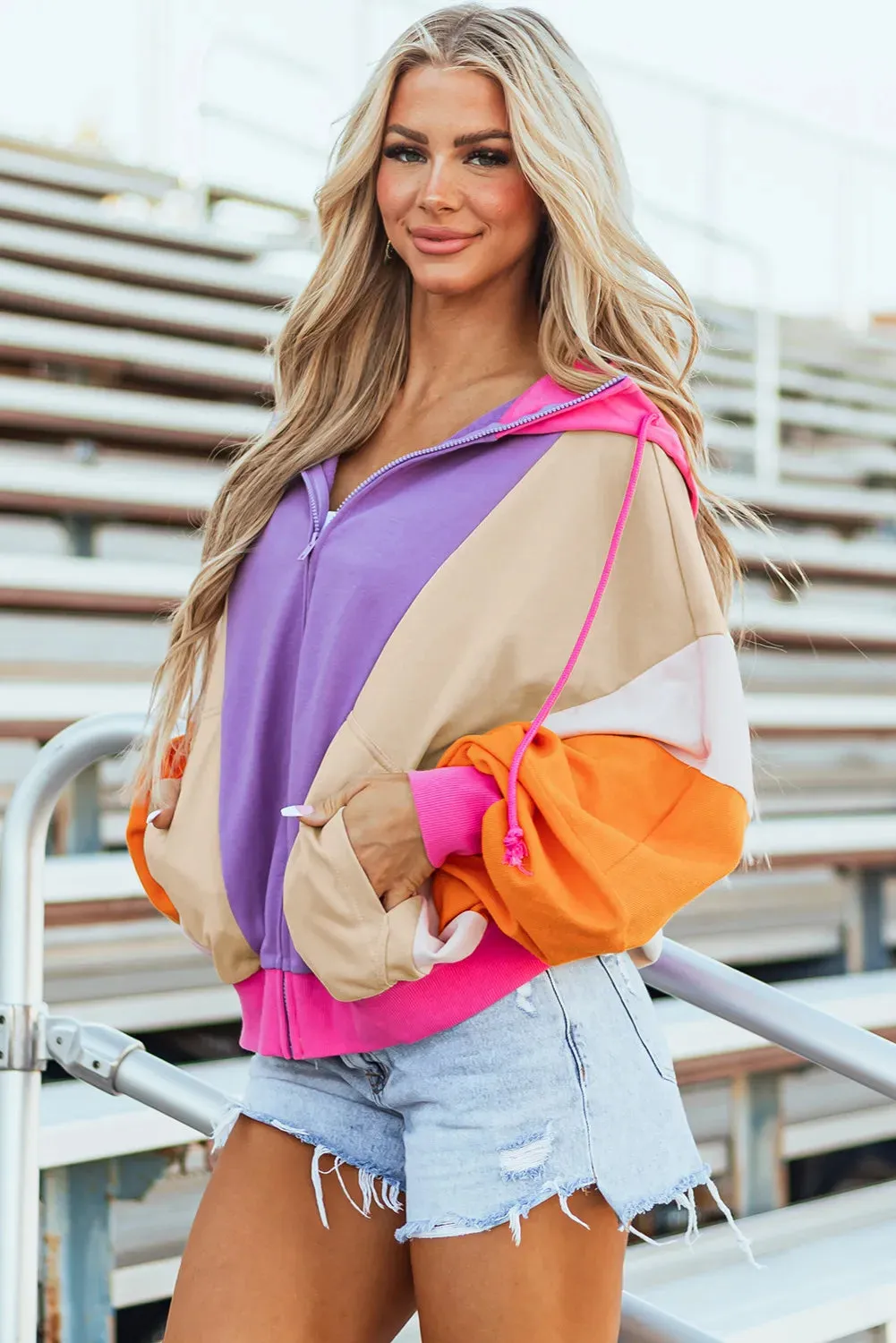 Hazel Blues® |  Drawstring Color Block Zip Up Long Sleeve Hoodie