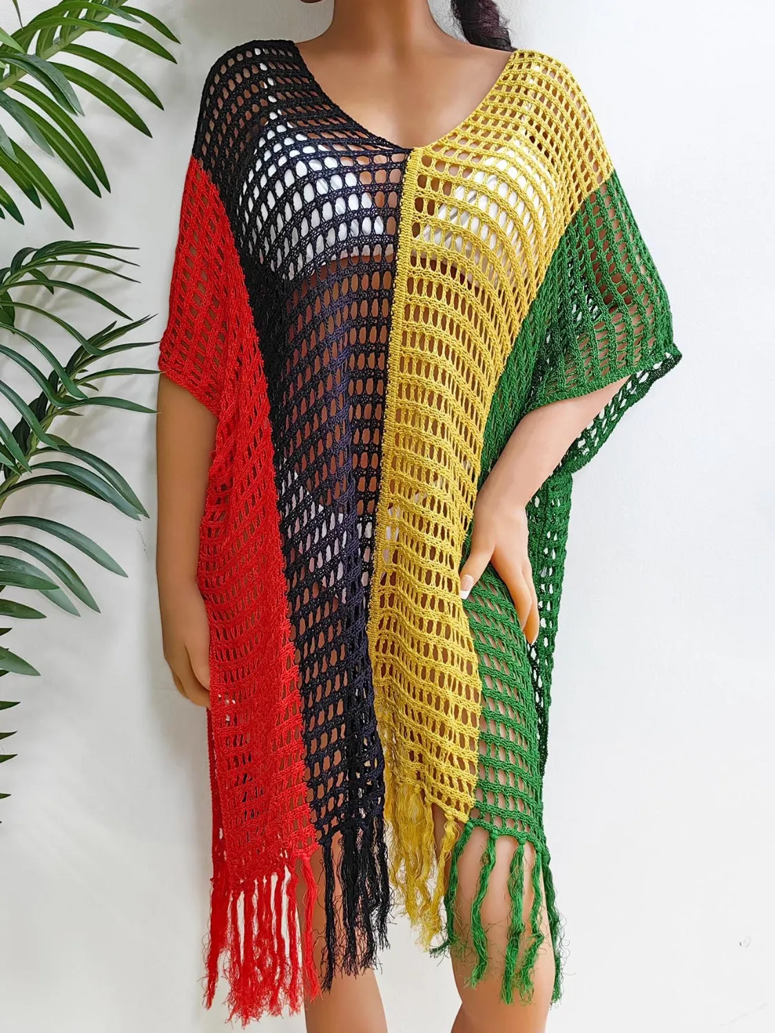 Hazel Blues® |  Fringe Color Block Scoop Neck Cover Up