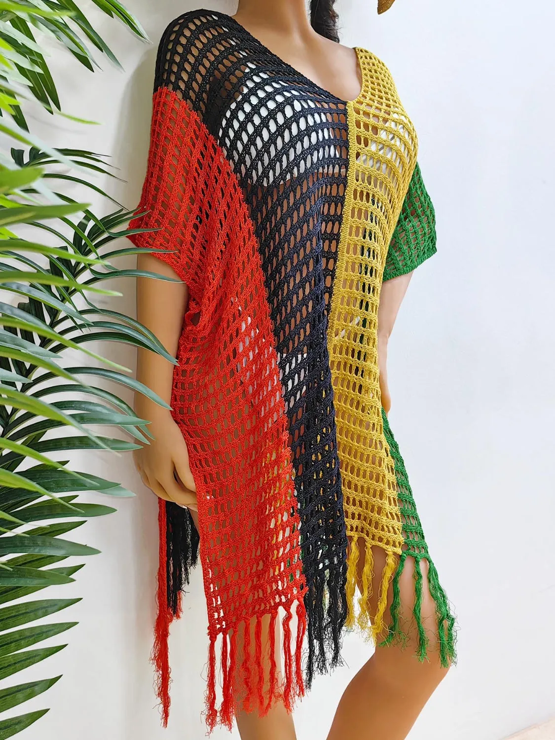 Hazel Blues® |  Fringe Color Block Scoop Neck Cover Up