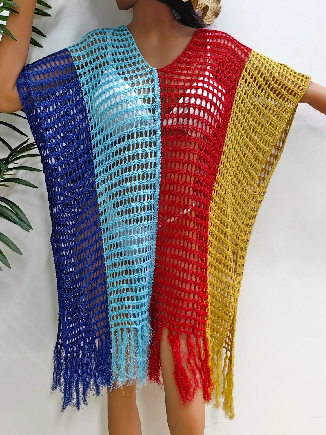 Hazel Blues® |  Fringe Color Block Scoop Neck Cover Up