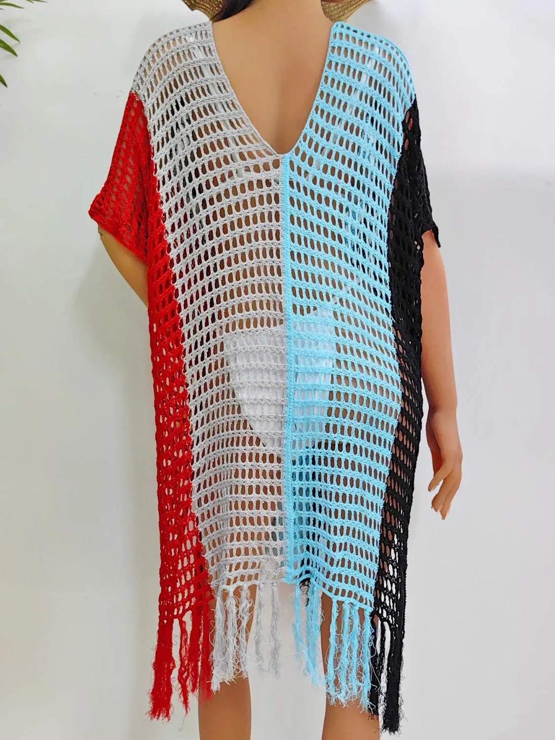 Hazel Blues® |  Fringe Color Block Scoop Neck Cover Up
