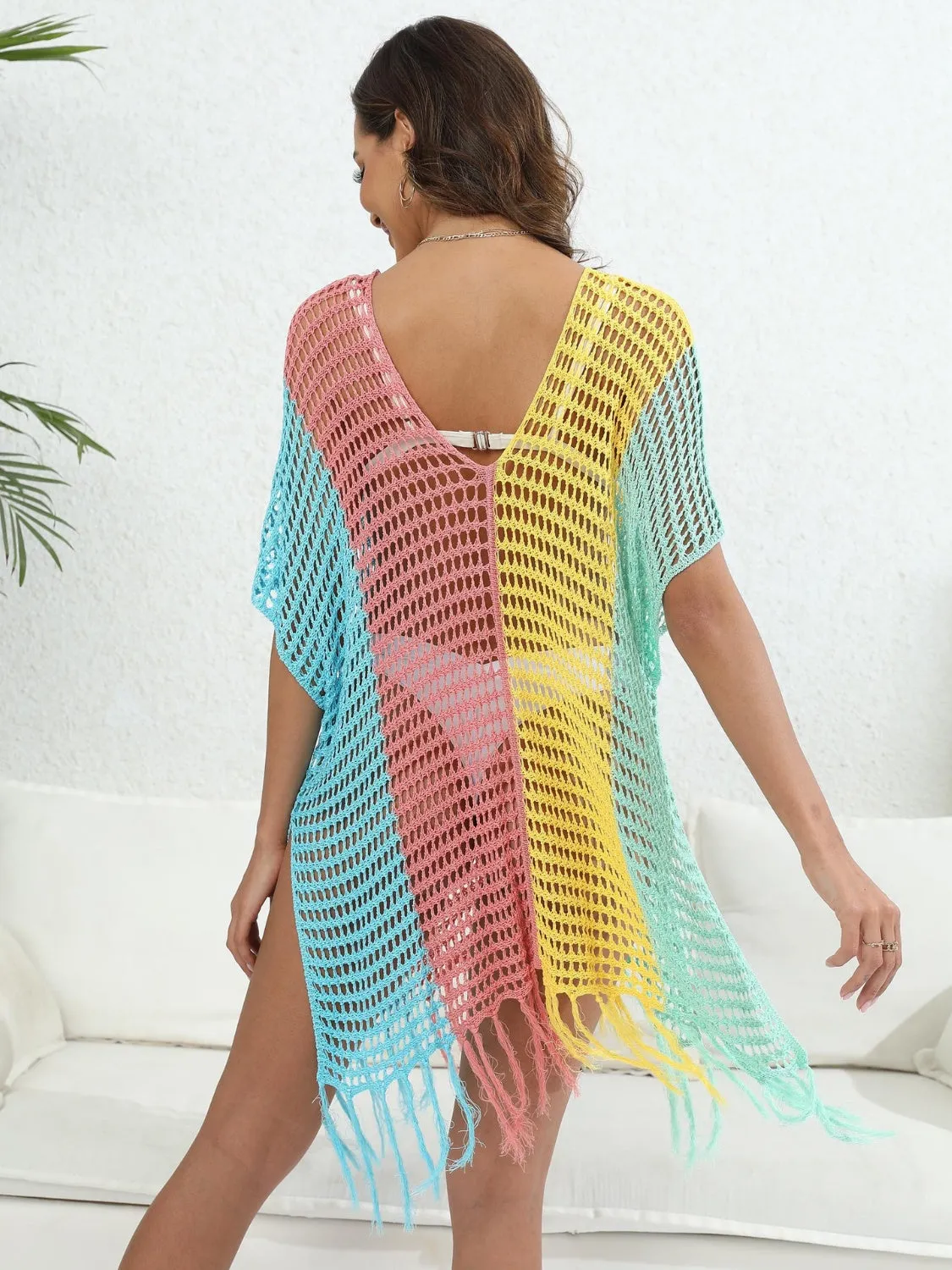 Hazel Blues® |  Fringe Color Block Scoop Neck Cover Up