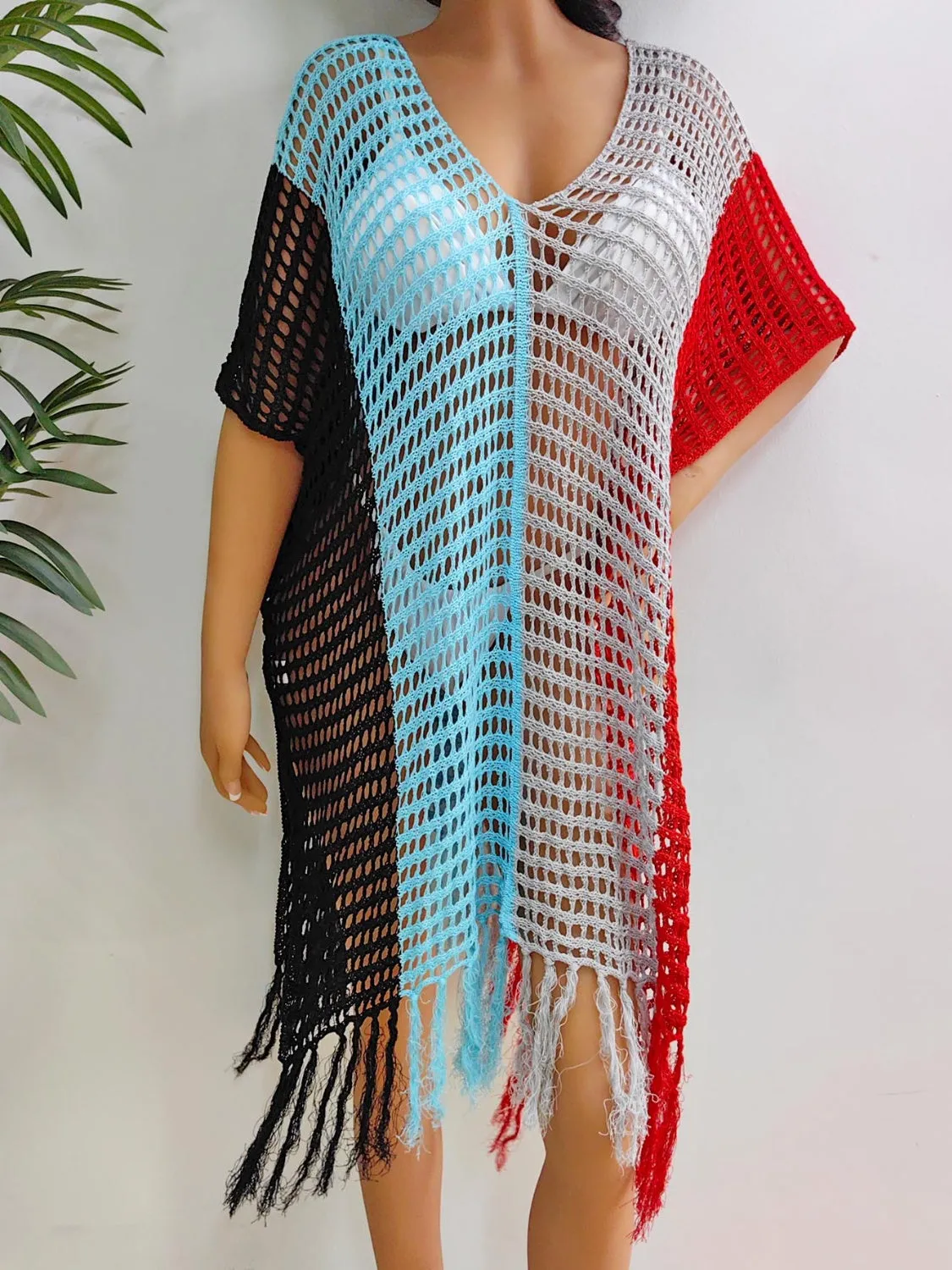 Hazel Blues® |  Fringe Color Block Scoop Neck Cover Up