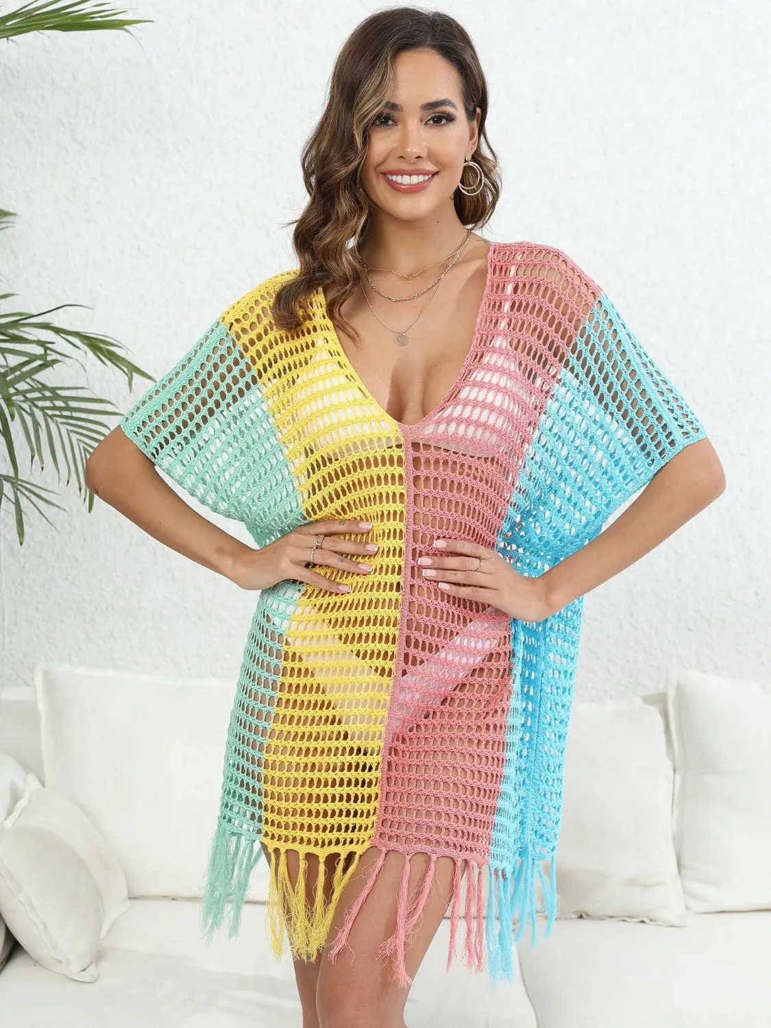 Hazel Blues® |  Fringe Color Block Scoop Neck Cover Up