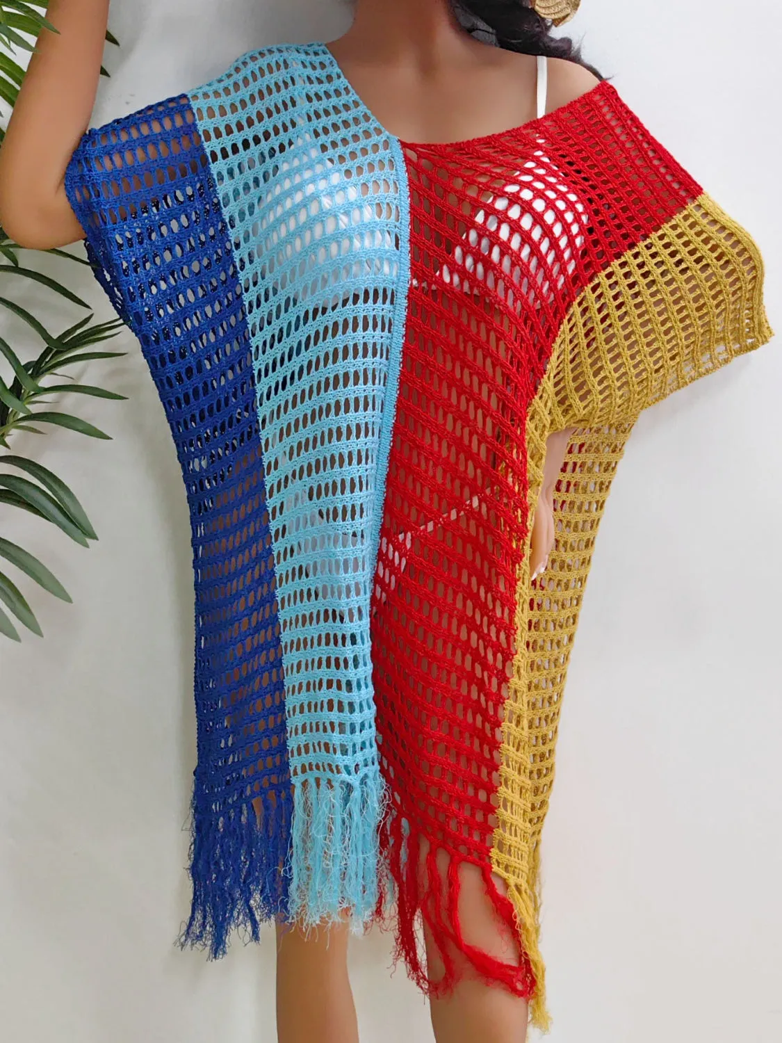 Hazel Blues® |  Fringe Color Block Scoop Neck Cover Up