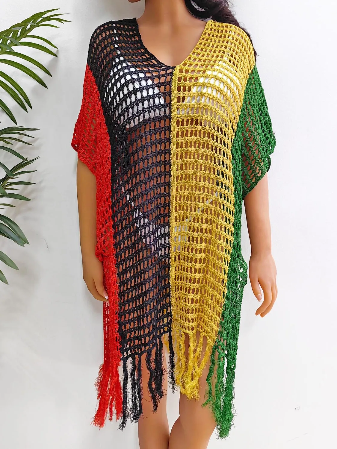 Hazel Blues® |  Fringe Color Block Scoop Neck Cover Up