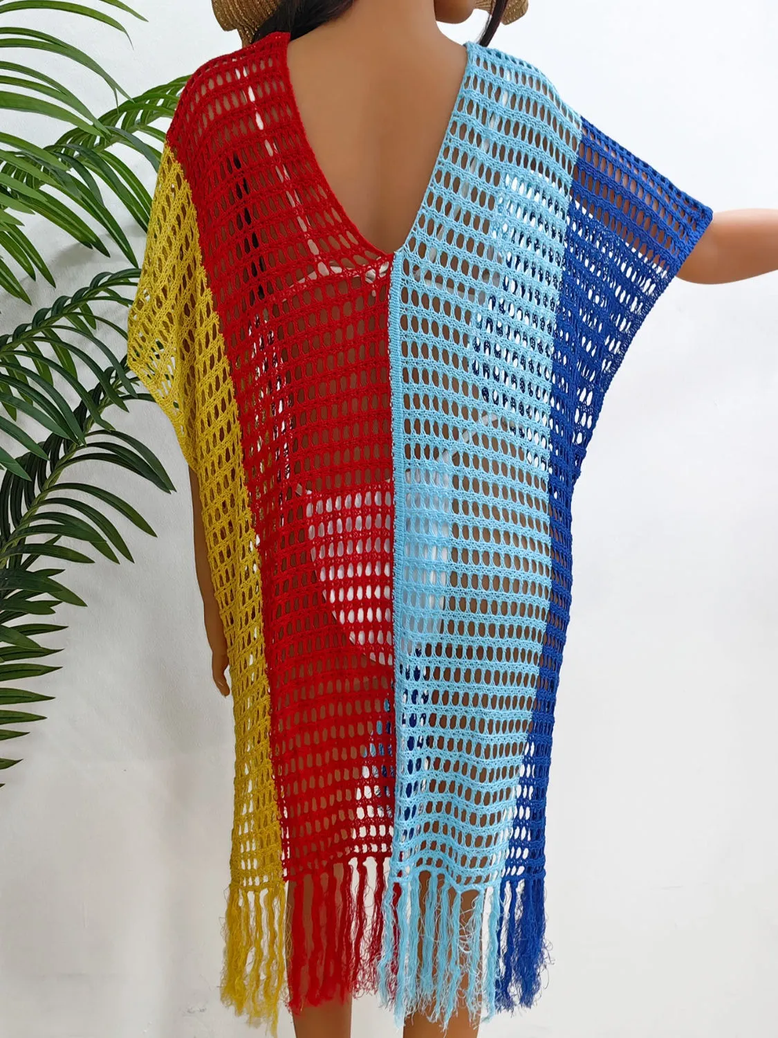 Hazel Blues® |  Fringe Color Block Scoop Neck Cover Up