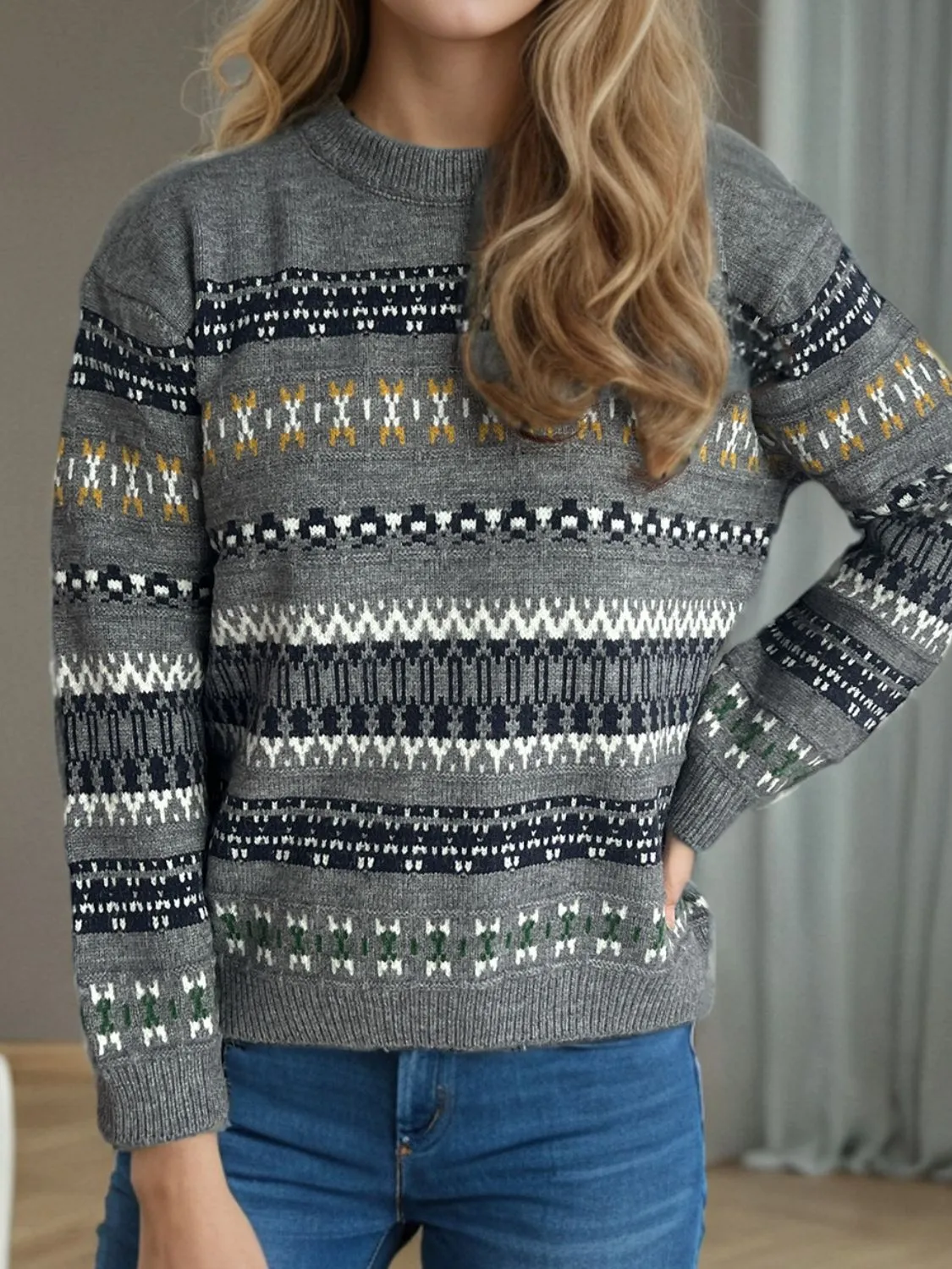 Hazel Blues® |  Geometric Round Neck Long Sleeve Sweater