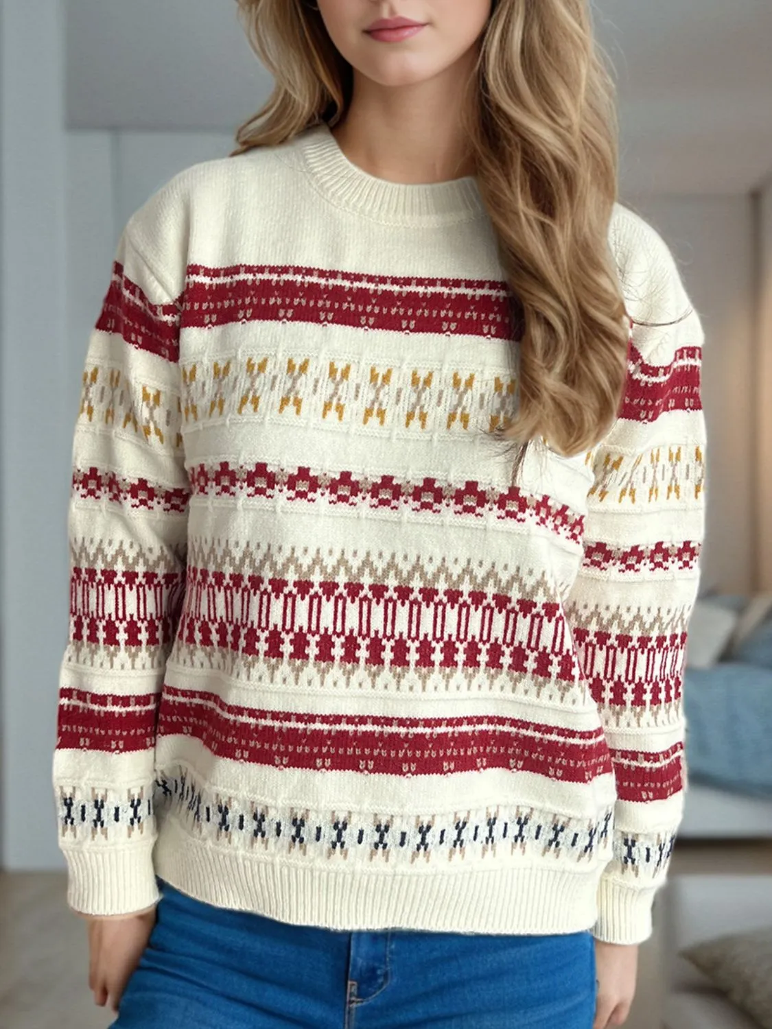 Hazel Blues® |  Geometric Round Neck Long Sleeve Sweater