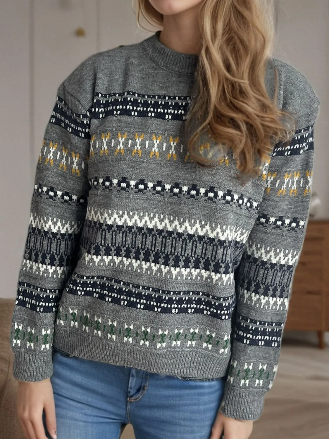 Hazel Blues® |  Geometric Round Neck Long Sleeve Sweater