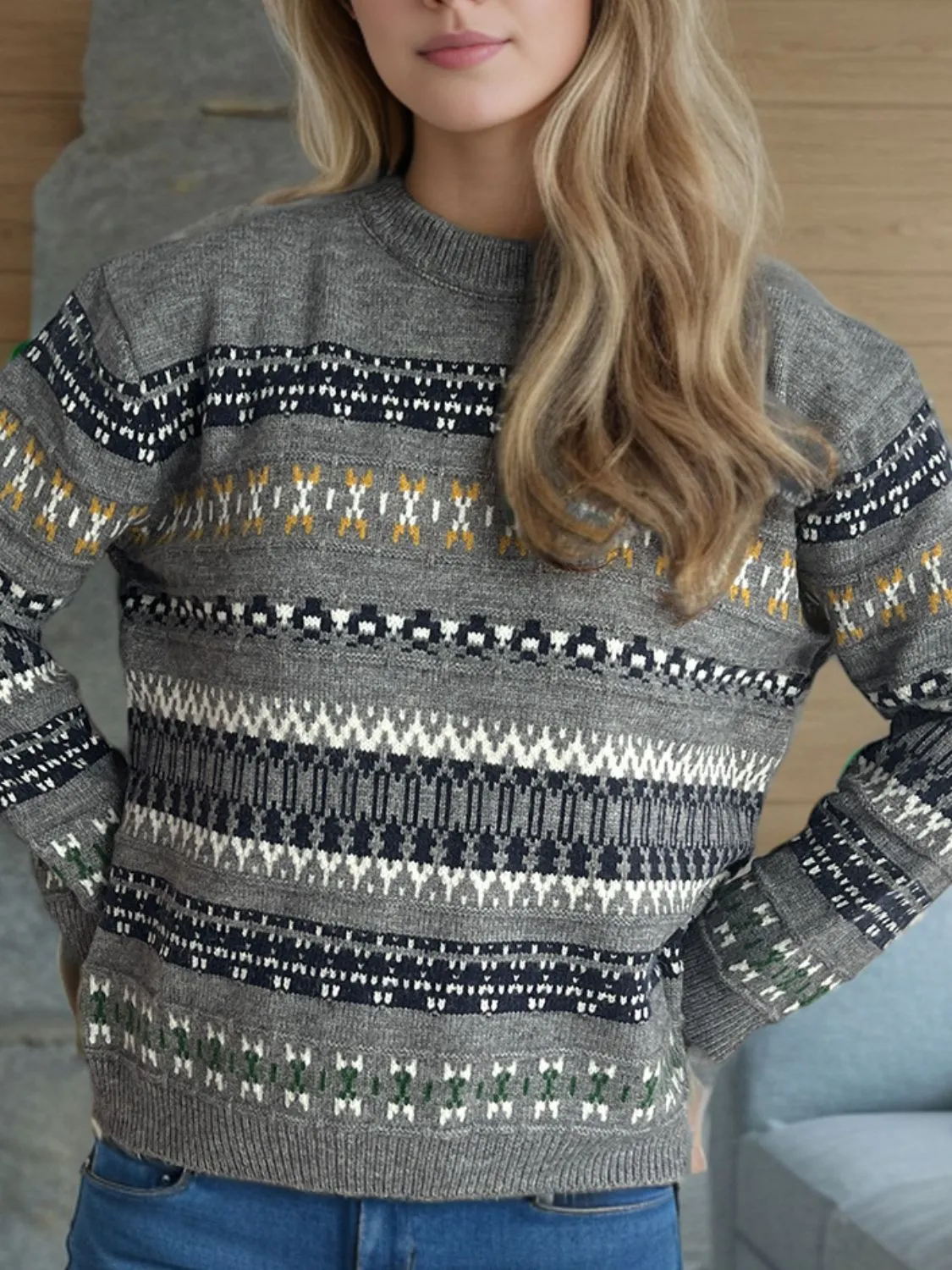 Hazel Blues® |  Geometric Round Neck Long Sleeve Sweater