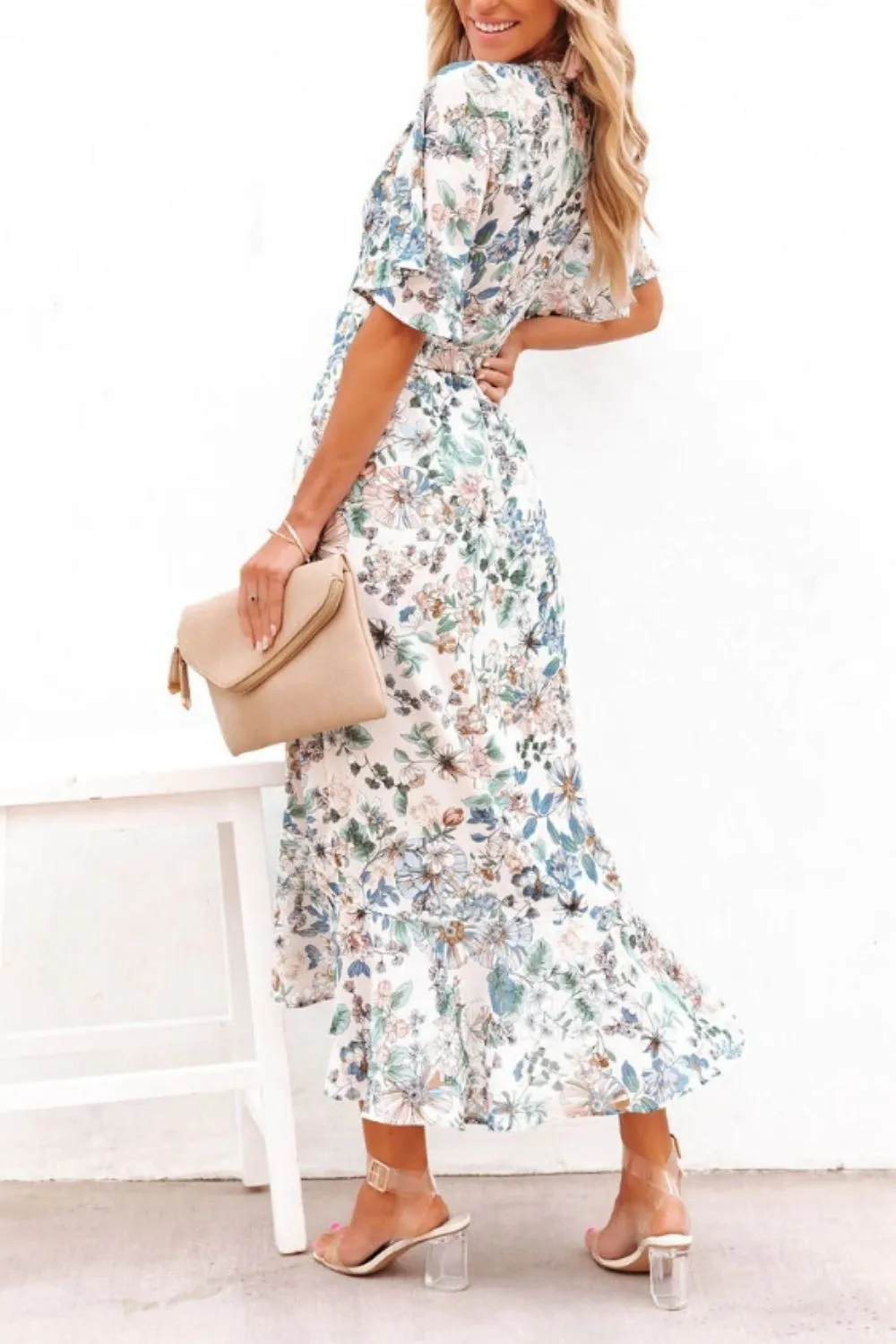 Hazel Blues® |  High-Low Printed Surplice Flutter Sleeve Midi Dress