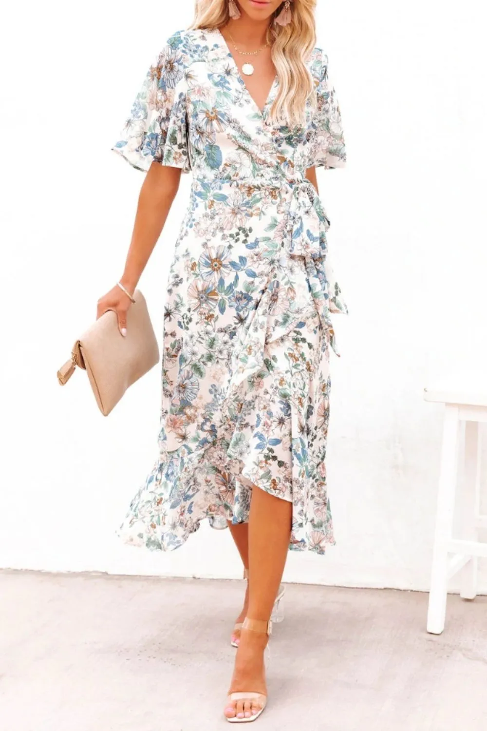 Hazel Blues® |  High-Low Printed Surplice Flutter Sleeve Midi Dress