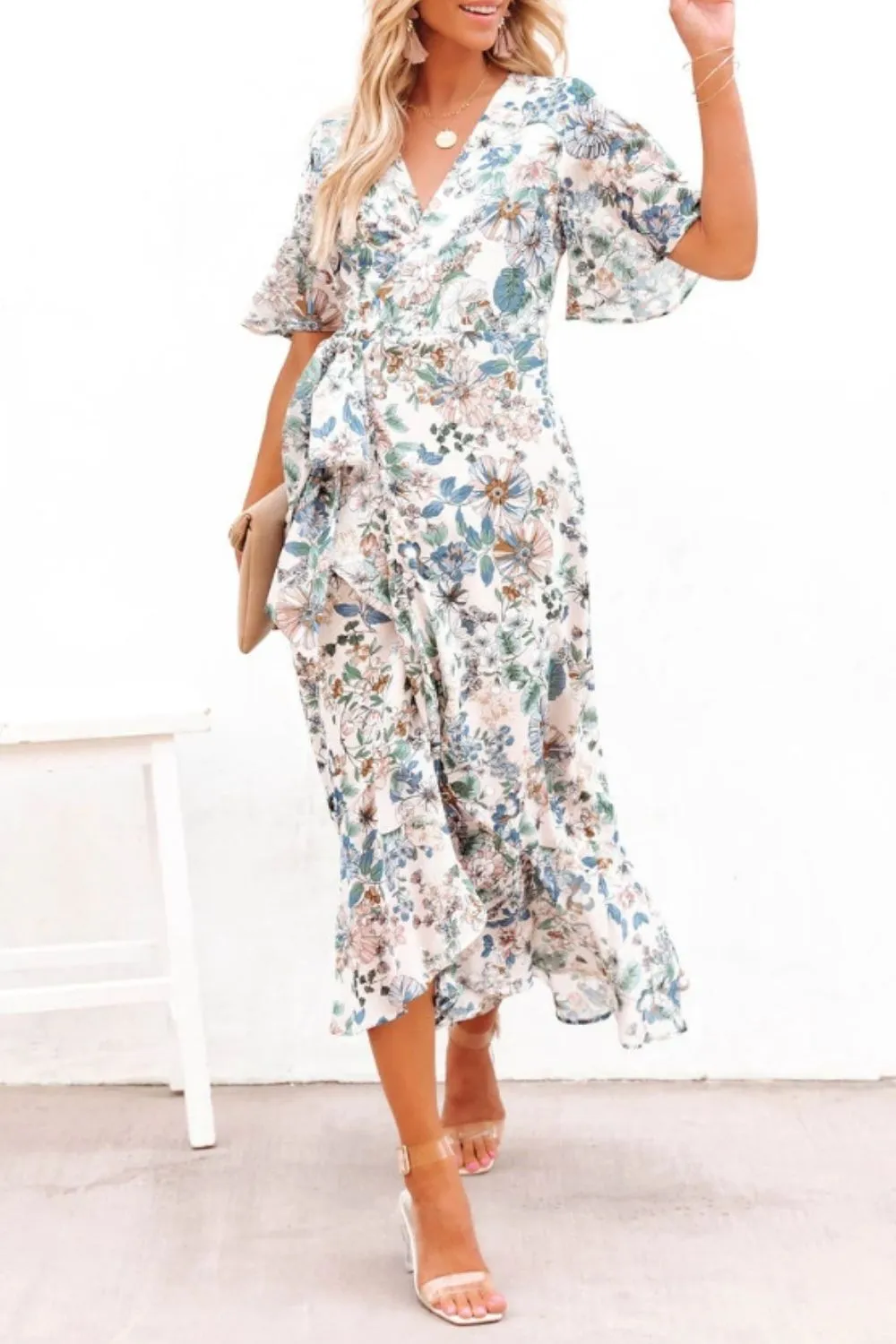 Hazel Blues® |  High-Low Printed Surplice Flutter Sleeve Midi Dress