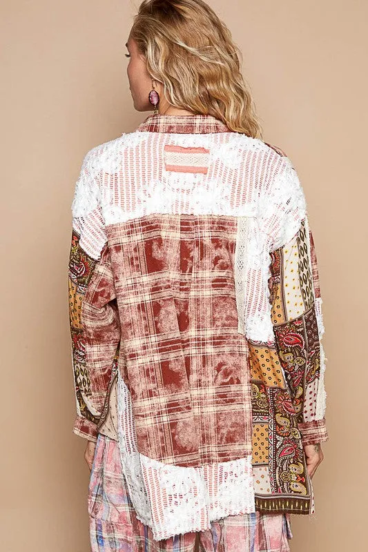 Hazel Blues® |  POL Crochet Plaid Patchwork Button Up Shirt