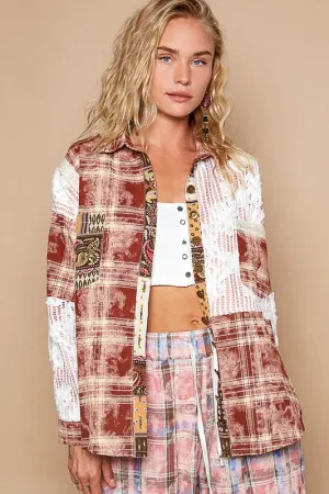 Hazel Blues® |  POL Crochet Plaid Patchwork Button Up Shirt
