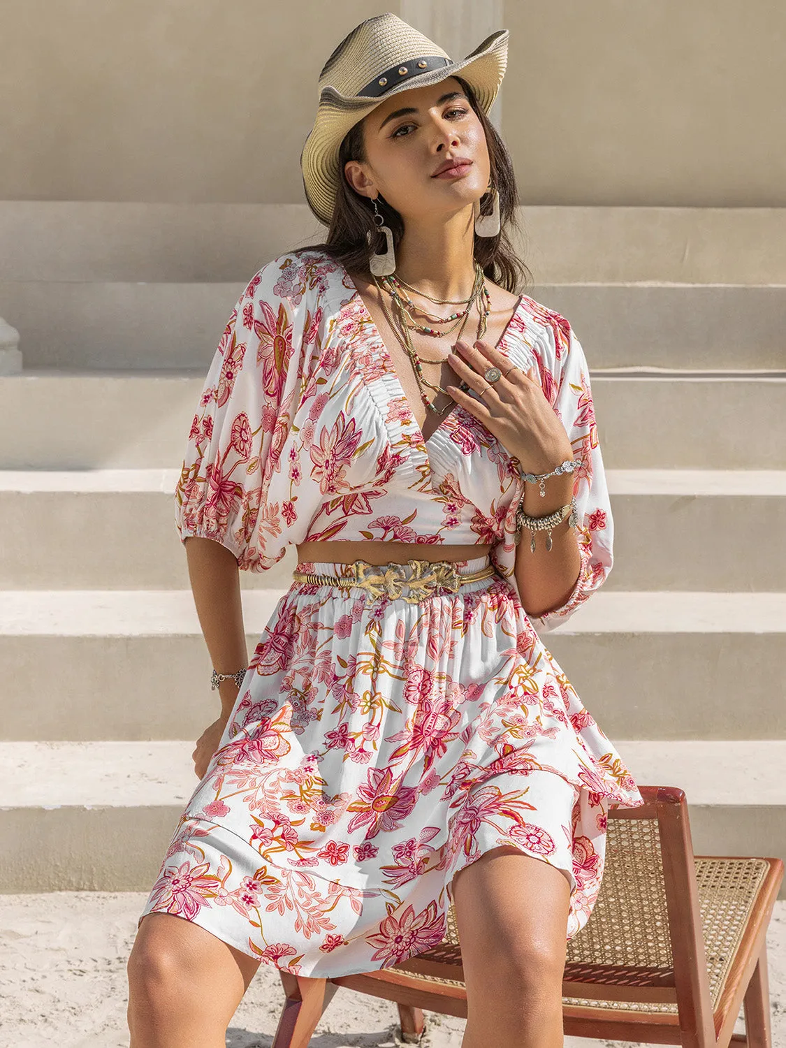 Hazel Blues® |  Printed Half Sleeve Top and Layered Skirt Set