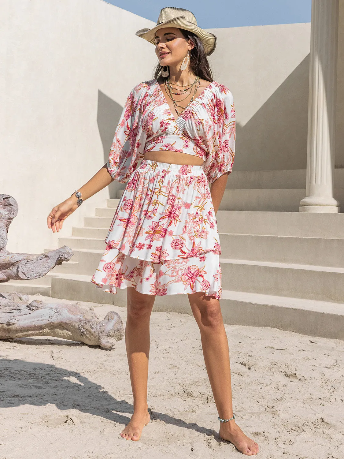 Hazel Blues® |  Printed Half Sleeve Top and Layered Skirt Set