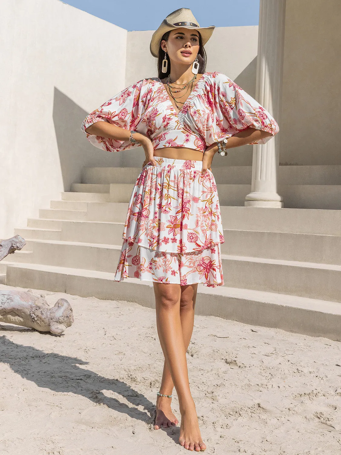 Hazel Blues® |  Printed Half Sleeve Top and Layered Skirt Set