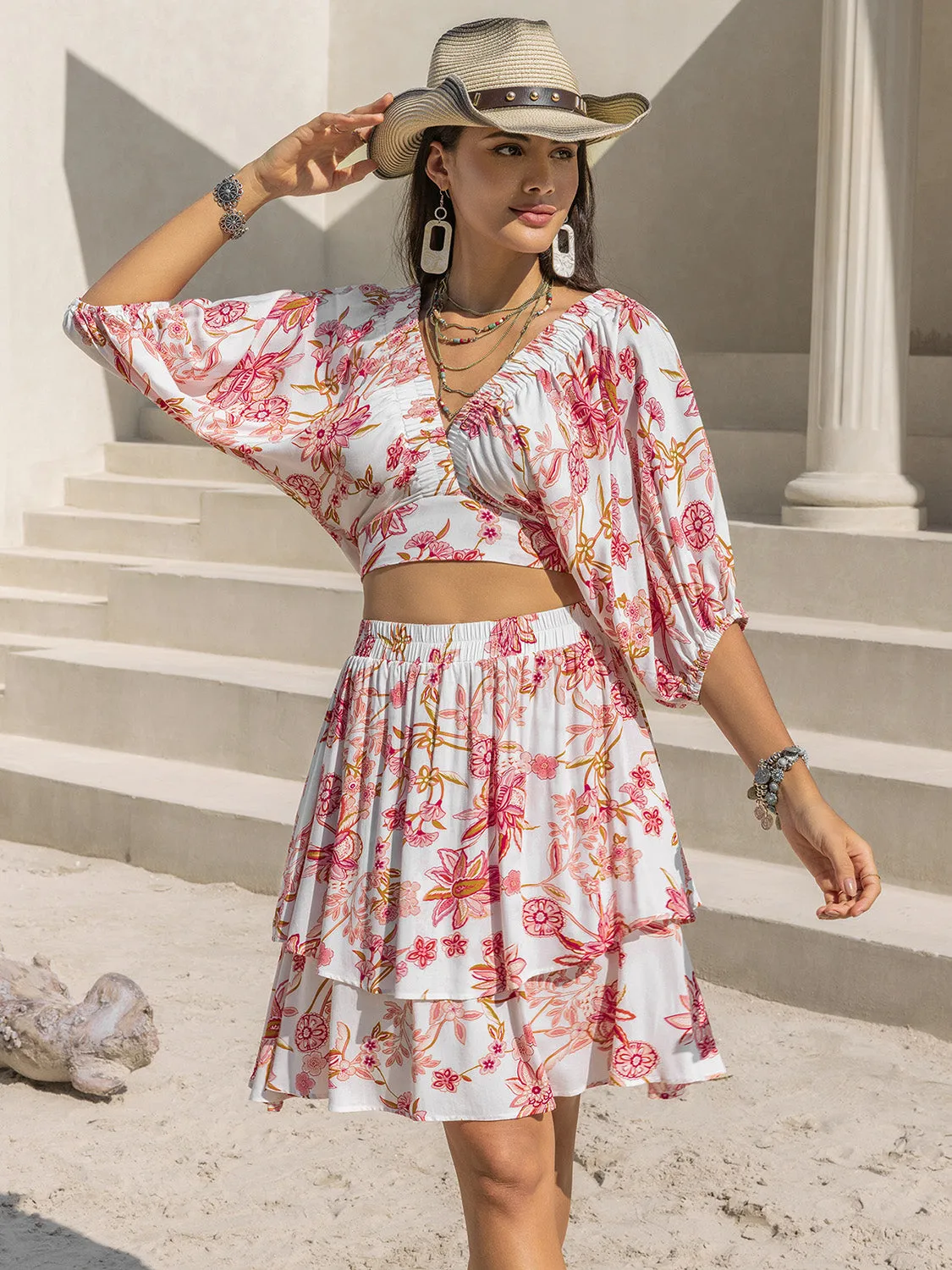 Hazel Blues® |  Printed Half Sleeve Top and Layered Skirt Set