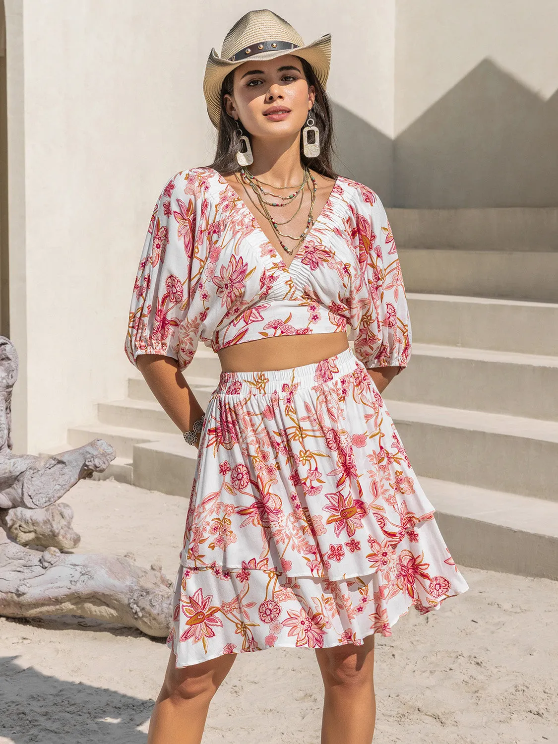 Hazel Blues® |  Printed Half Sleeve Top and Layered Skirt Set