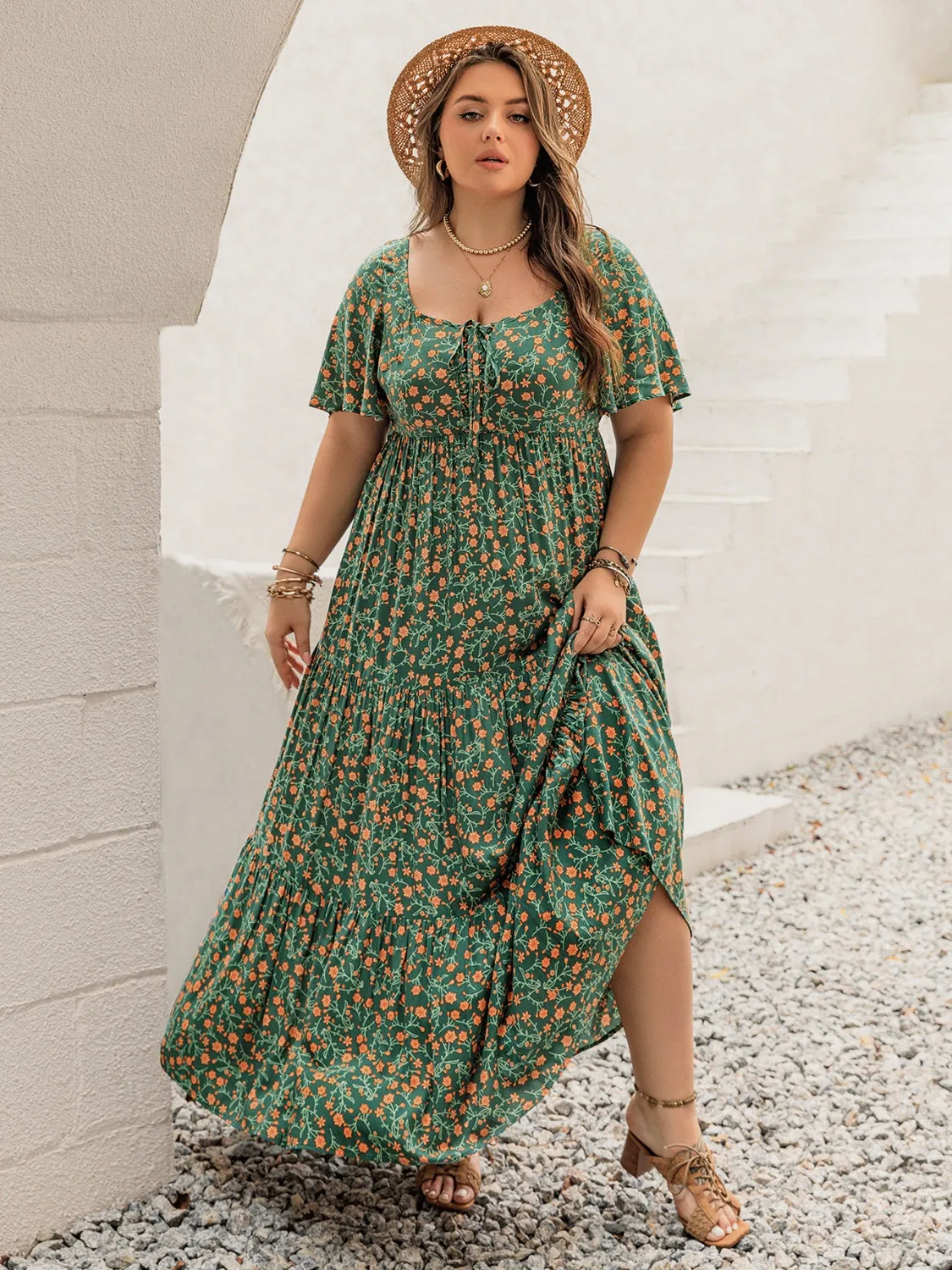 Hazel Blues® | Printed Short Sleeve Tiered Maxi Dress