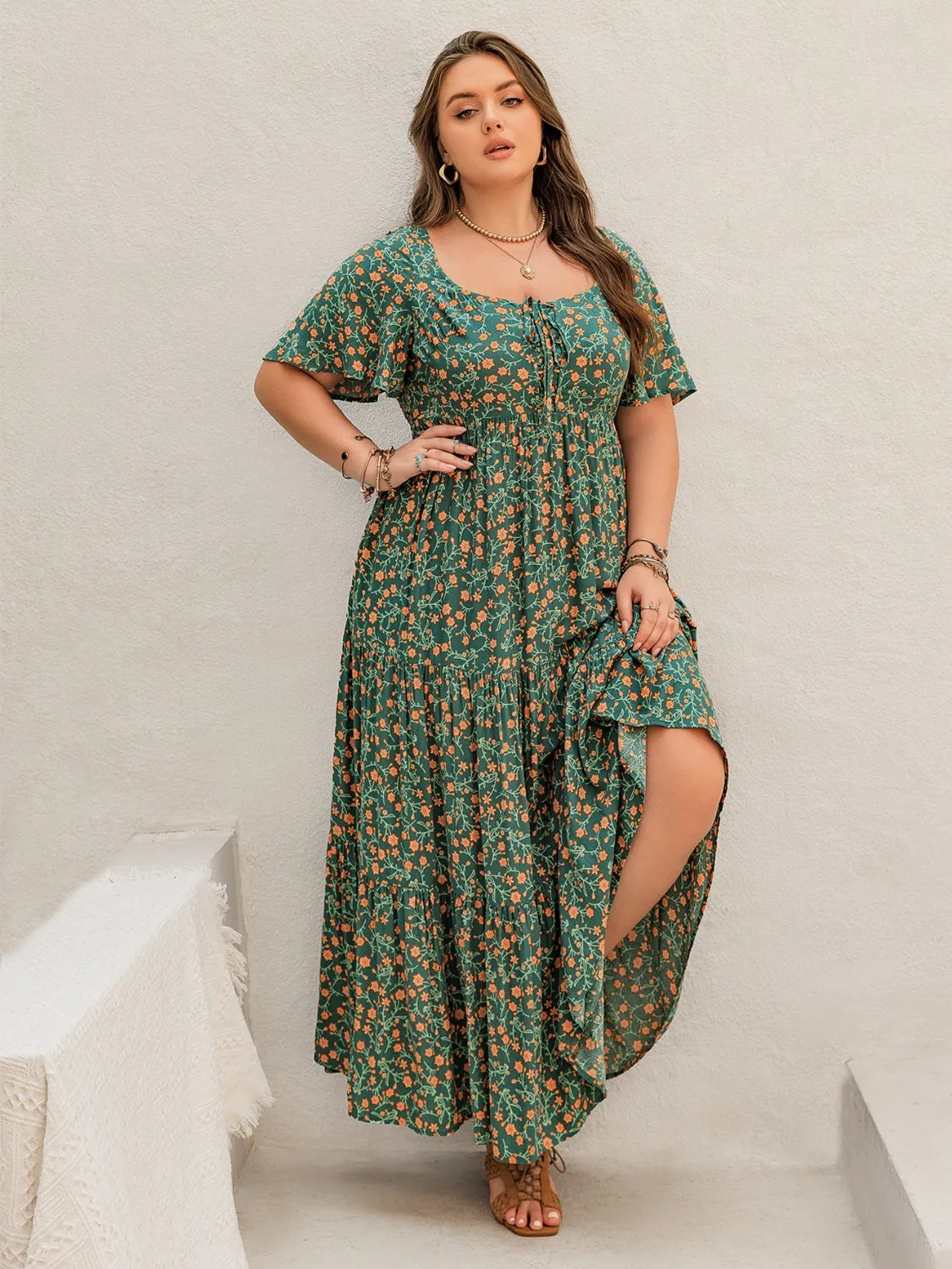 Hazel Blues® | Printed Short Sleeve Tiered Maxi Dress