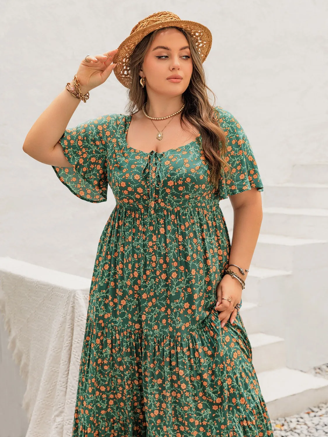Hazel Blues® | Printed Short Sleeve Tiered Maxi Dress