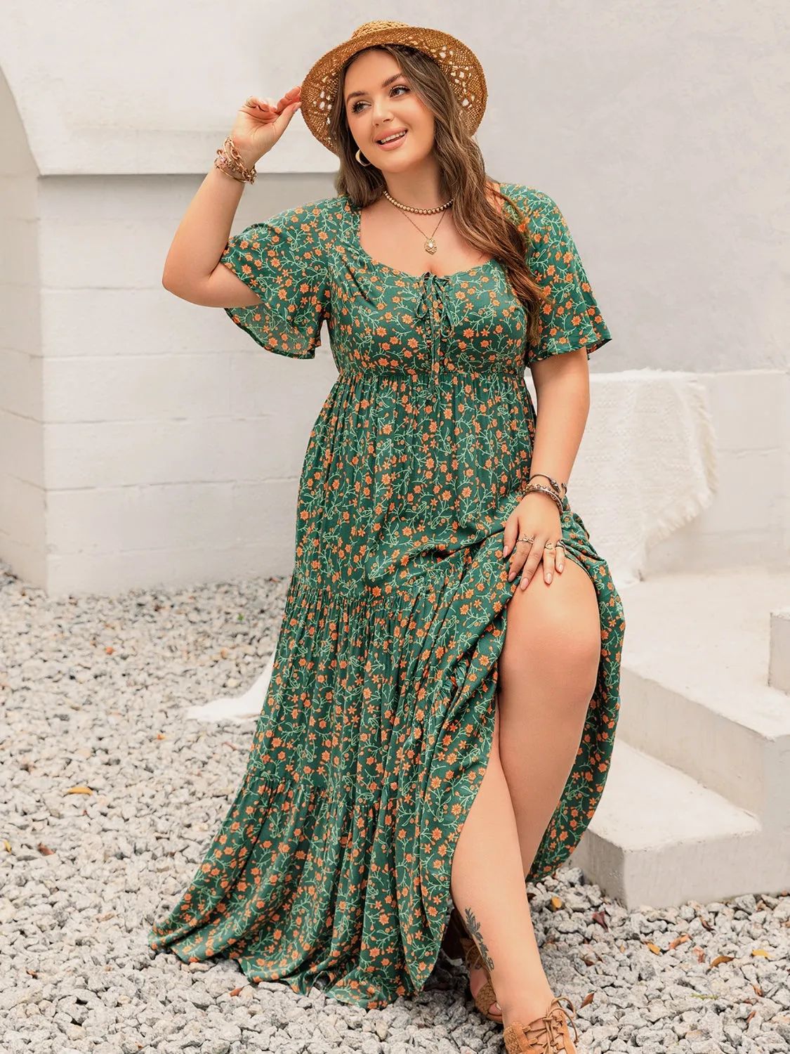 Hazel Blues® | Printed Short Sleeve Tiered Maxi Dress