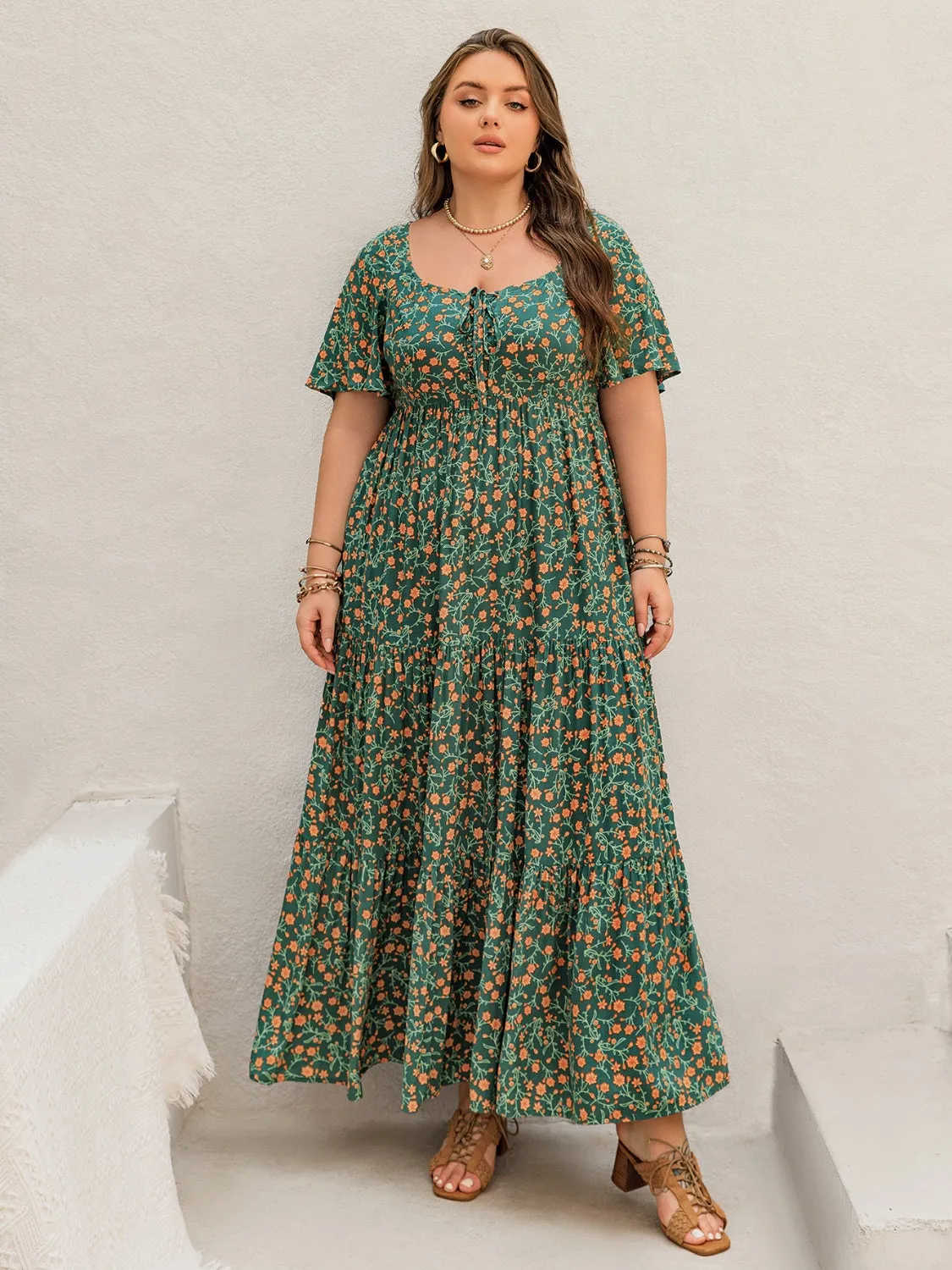 Hazel Blues® | Printed Short Sleeve Tiered Maxi Dress