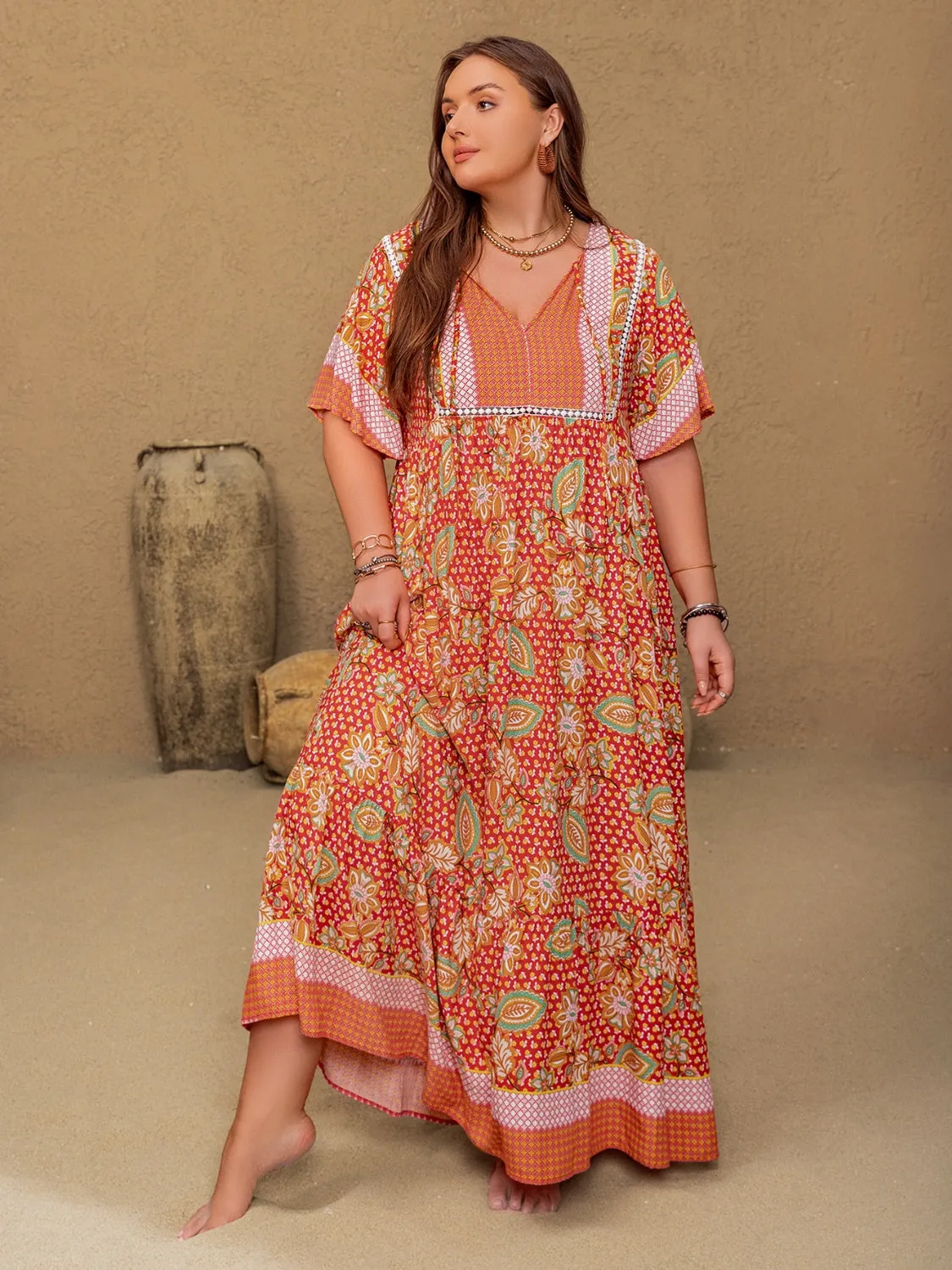 Hazel Blues® | Printed Tie Neck Flutter Sleeve Maxi Dress